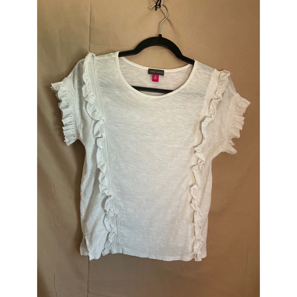 Vince Camuto Ruffle Trim Top Womens XS White Excellent Short Sleeve Slub Knit